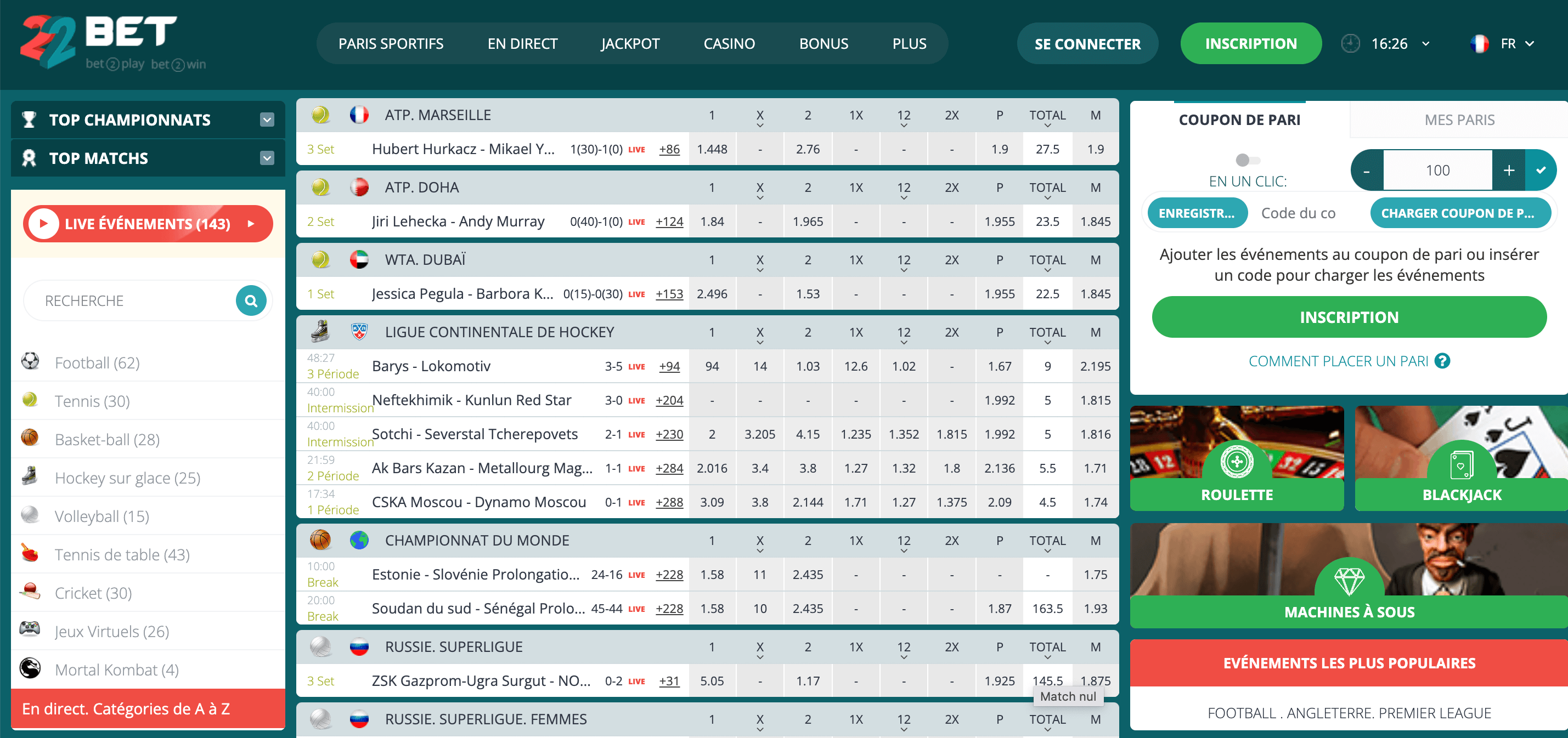 Paris en direct 22Bet