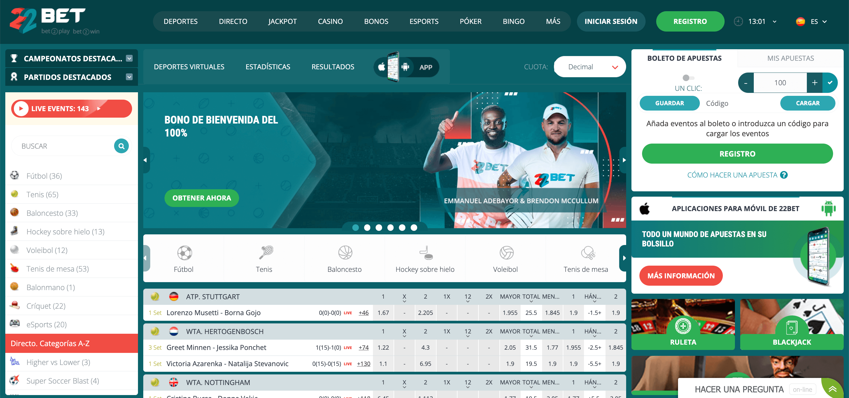 Página de inicio de 22Bet