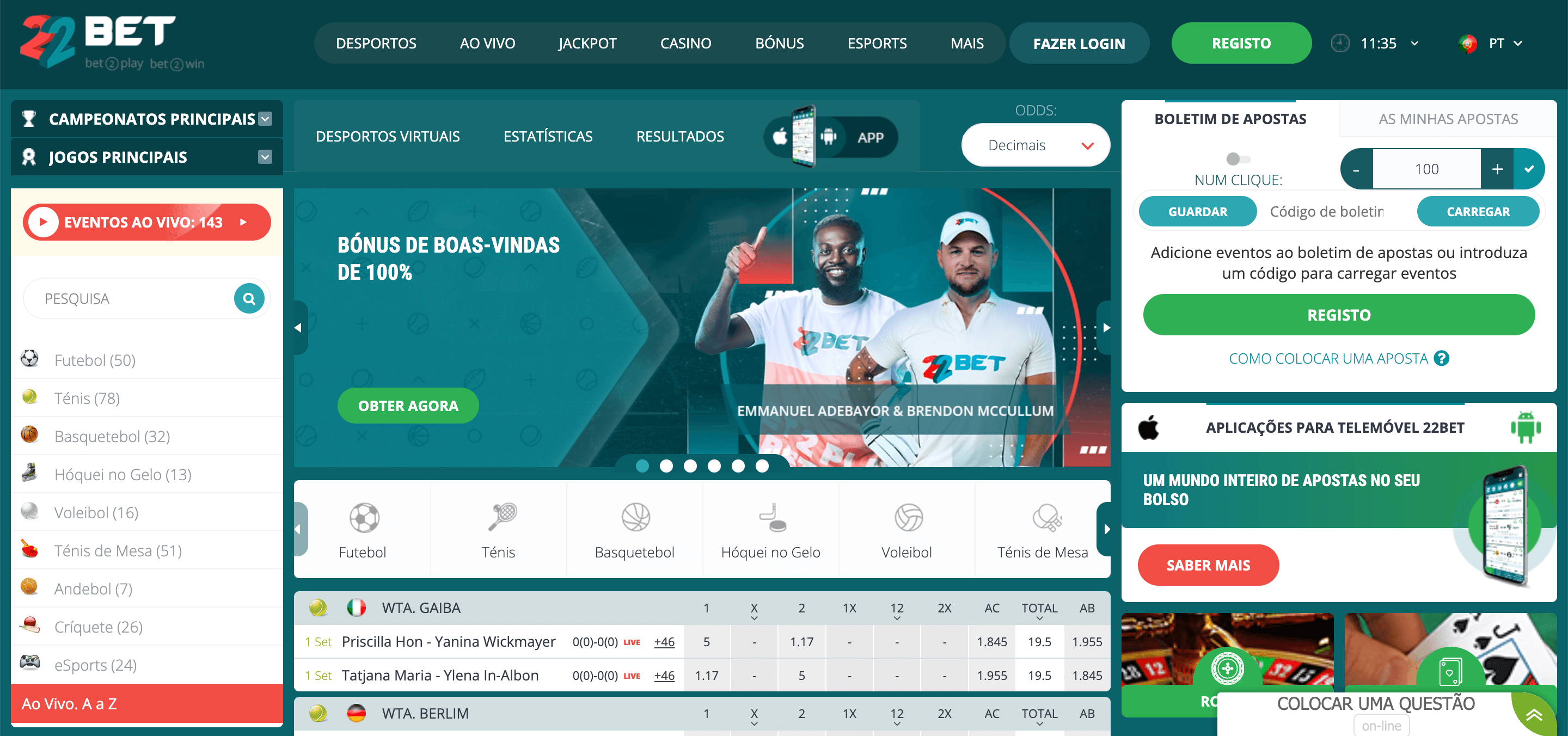 Página inicial da 22Bet