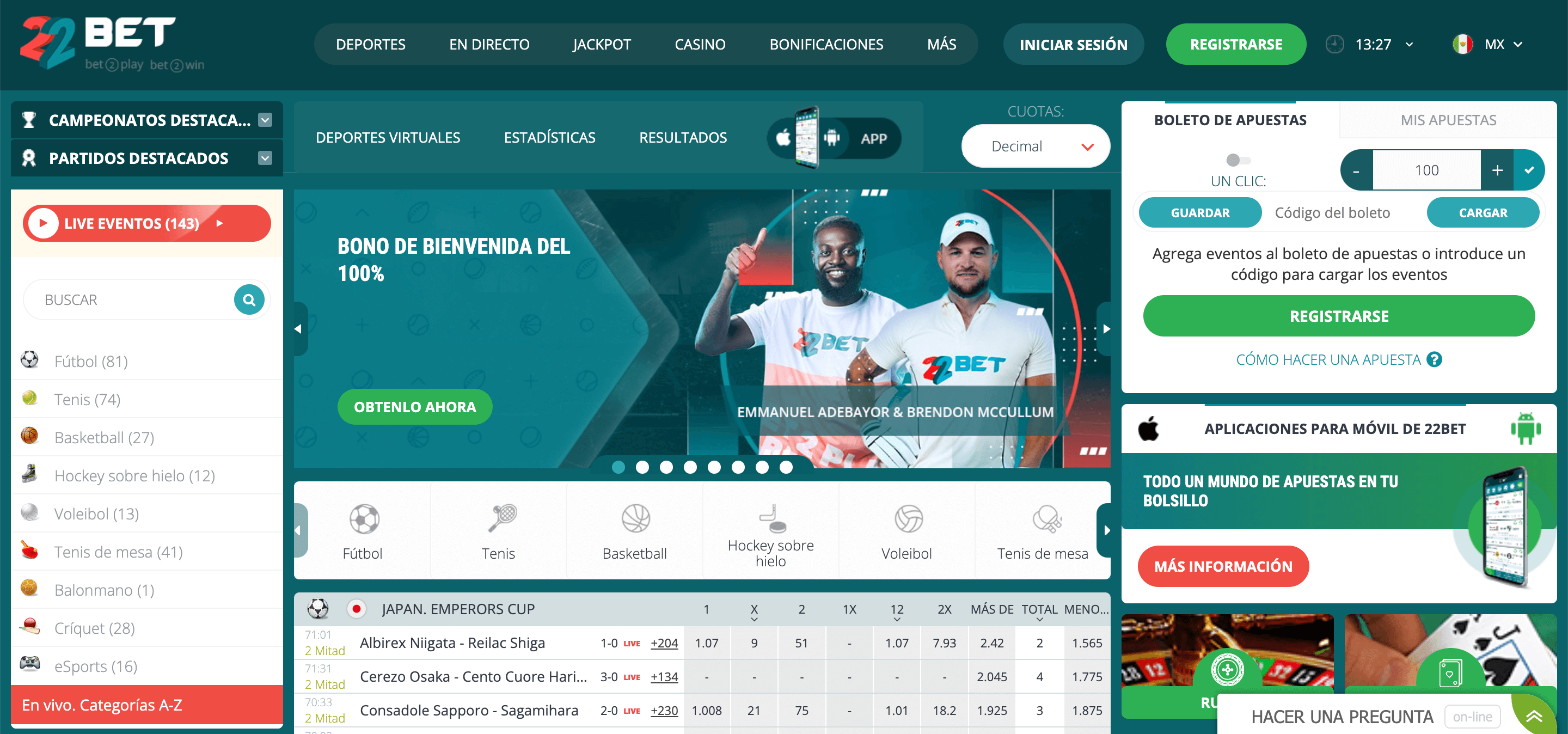 Página de inicio de 22Bet
