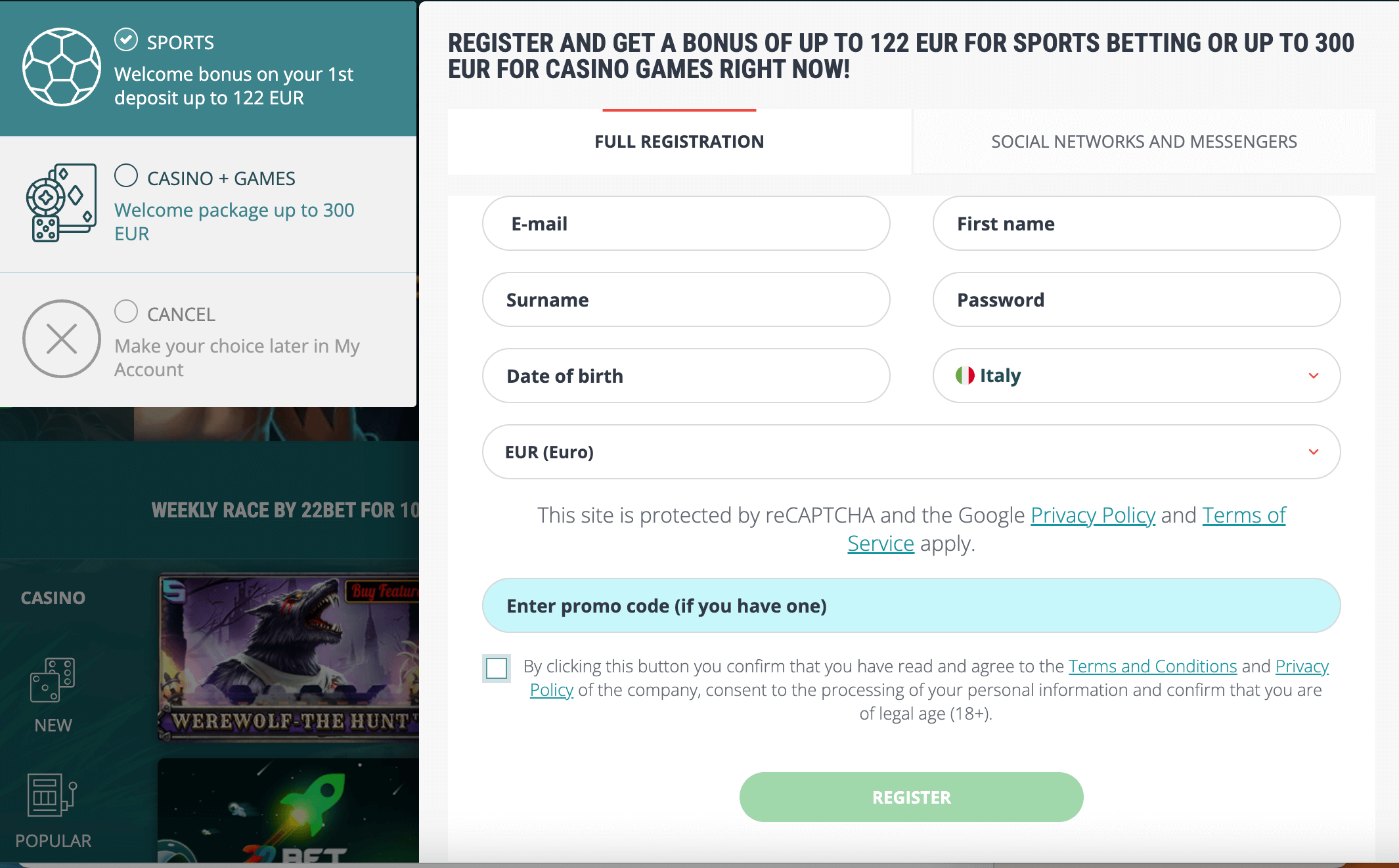 22Bet Registration
