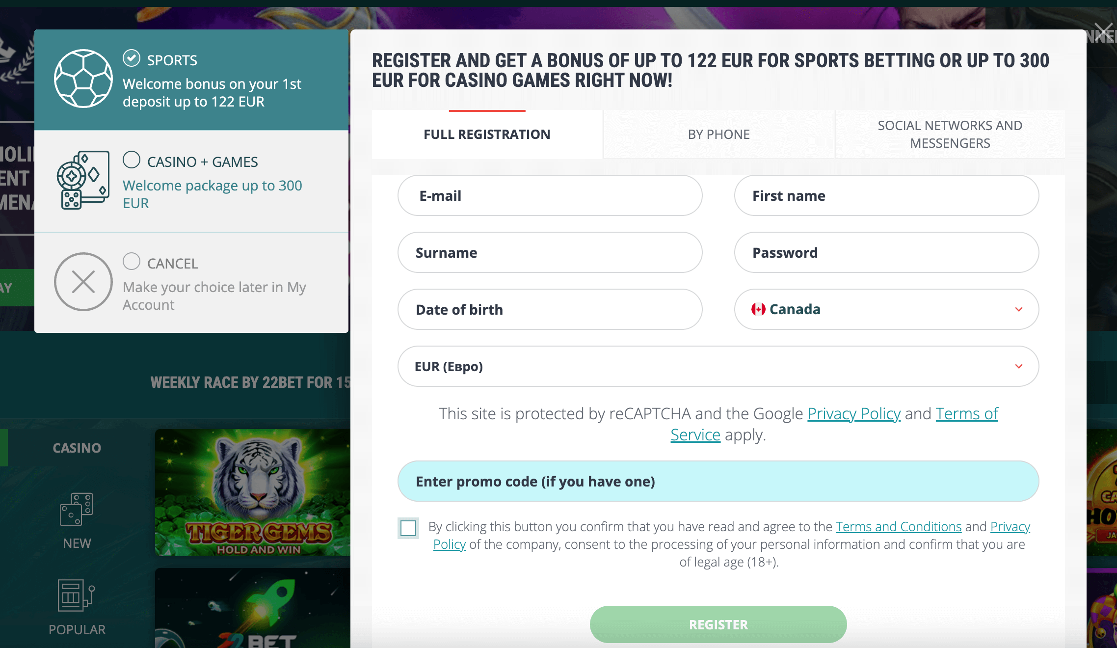 22Bet Casino Register
