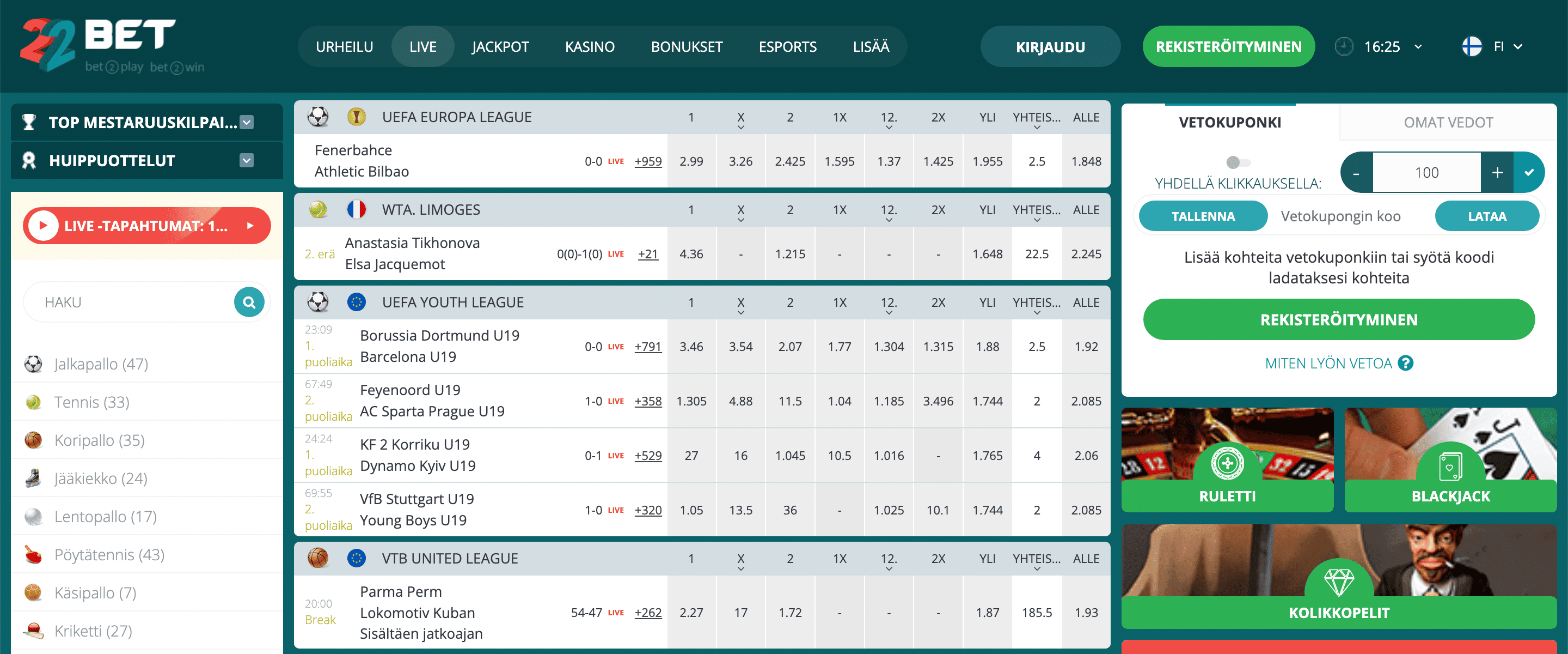 22Bet live vedonlyönti